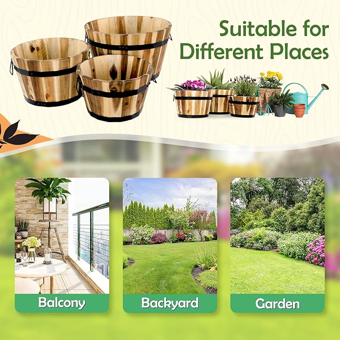 Idzo Set of 3 Wooden Flower Boxes Outdoor, Durable Acacia Wood Barrel Planters for Outdoor Plants with Ergonomic Handles, Drainage Holes, Multiple Sizes Wood Bucket Planter for Home Decor-VerdiqueGarden