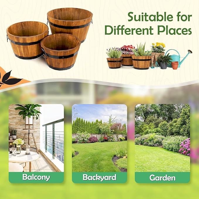 Idzo Set of 3 Wooden Flower Boxes Outdoor, Durable Acacia Wood Barrel Planters for Outdoor Plants with Ergonomic Handles, Drainage Holes, Multiple Sizes Wood Bucket Planter Light Brown-VerdiqueGarden