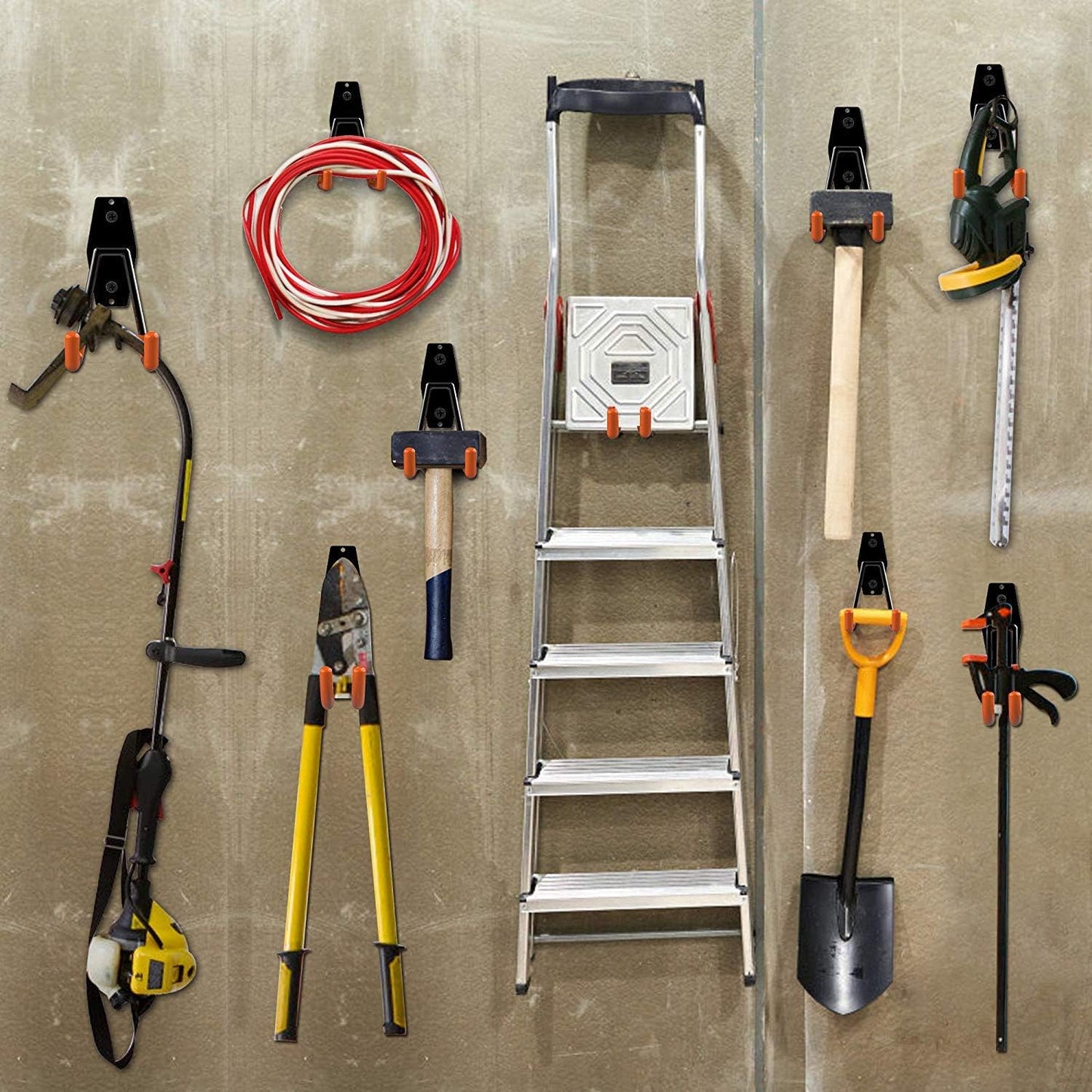 Garage Hooks, 12 Pack Wall Storage Hanger with 2 Extension Cord Straps, Heavy Duty Tool Holder for Utilities Organization, Wall Mount Rack for Garden Lawn Tools, Ladders, Bike, Ski (Orange)-VerdiqueGarden