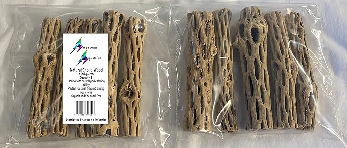 Awesome Aquatic Natural Cholla Choya Wood 5 Pieces 6” for Shrimp Habitat and Food Treat Hermit Crabs Plecos Aquarium Decoration Lowers pH Hideouts and Chew Toys Reptiles Thorn Free Dried Organic
