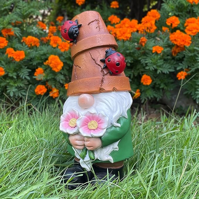 Garden Gnome Statues Outdoor Decor, Solar Gnomes with LED Lighted Flowers, Solar Resin Outdoor Statue Sculpture, for Woman Gift Home and Garden Decor-VerdiqueGarden