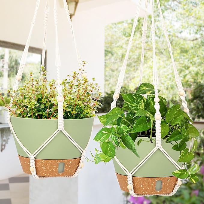 QCQHDU 2 Pack Hanging Planters for Indoor Plants, Outdoor Hanging Baskets, Self Watering Pots with Drainage Holes & Removable Tray (Green, 8 inch, Macrame Hanger)-VerdiqueGarden