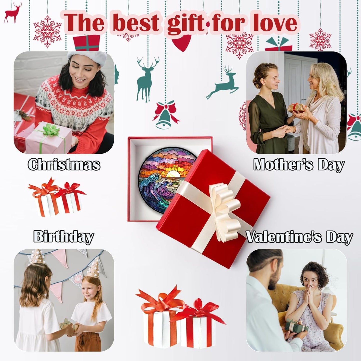 Stained Glass Window Hanging, Clouds and Sea Waves Suncatcher Diamond Glass Panel Hangings Scenery Sun Catchers Decor for Birthday for Women, Men, Wife, Aunt, and Mom 14.9 in-VerdiqueGarden