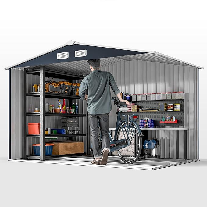 Outsunny 9' x 6' Outdoor Storage Shed, Garden Tool Metal Shed with Foundation Kit, Double Lockable Door, Air Vents and Sloping Roof, for Backyard, Patio, Lawn, Dark Gray-VerdiqueGarden