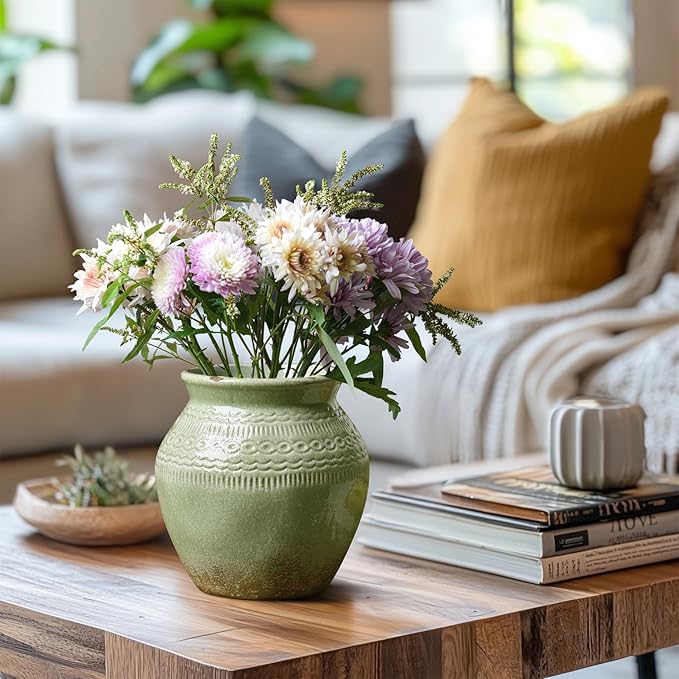 Quoowiit Ceramic Rustic Farmhouse Vase, Green Distressed Flower Vase for Home Decor, Boho Decorative Vases for Centerpiece Table Decorations, Vases for Living Room Kitchen Entryway Mantle Shelf Decor-VerdiqueGarden