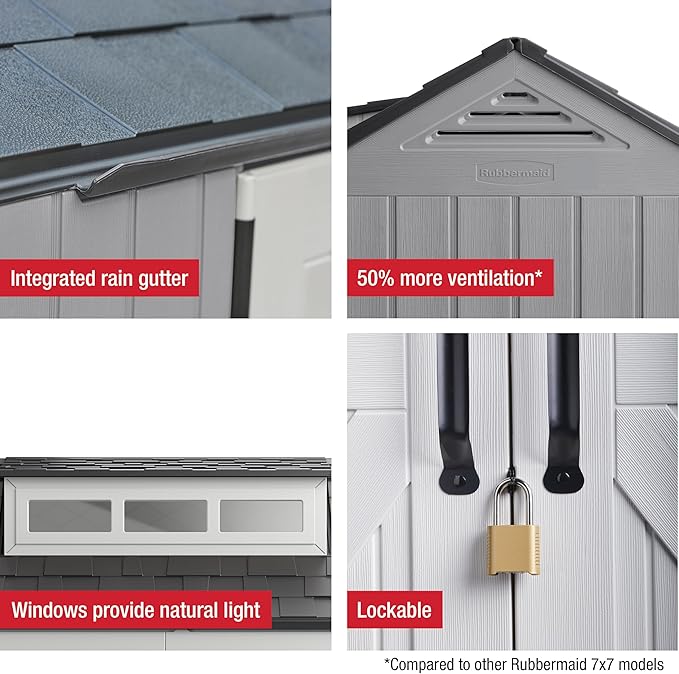 Rubbermaid Extra Large Resin Outdoor Storage Shed With Floor (7 x 10 Ft.), Weather Resistant, Brown, Organization for Home/Lawn Mower/Backyard Equipment/Bike Storage/Pool Supplies-VerdiqueGarden