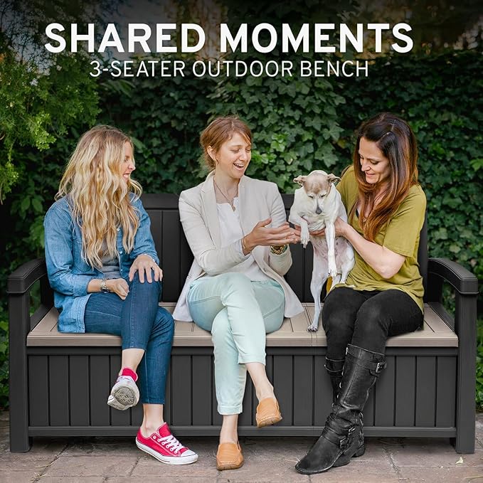 EconoHome 3 Seat Outdoor Storage Bench with Rain Cover - 90 Gallon Capacity - Weatherproof Resin Bench for Patio, Porch, Garden, Yard, Pool Area - Furniture for Pool Accessories, Gardening Tools-VerdiqueGarden