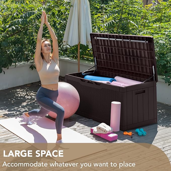 Devoko 100 Gallon Deck Box, Waterproof Resin Outdoor Storage Box with Cushion for Outside and Patio, Large Outdoor Storage Bench Cabinet Lockable for Patio Furniture and Garden Tools (Deep Brown)-VerdiqueGarden