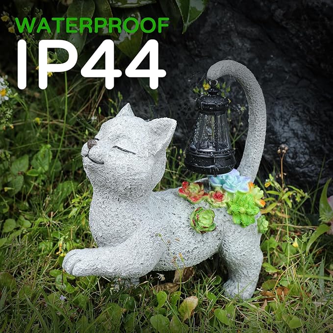 Solar Garden Outdoor Statues Cat with Succulent Solar Lantern, Lawn Decor Kitten Figurine for Patio Balcony Yard, Yard Unique Christmas Birthdays Gift for Mom Grandma-VerdiqueGarden