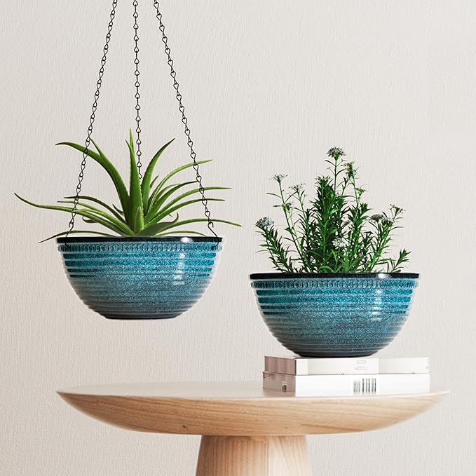 12 inch Hanging Planters for Indoor Outdoor Plants, 2 Pack Large Hanging Flower Pots with Drainage Holes and Chain, Glazed Hanging Baskets for Home Garden Decoration, Blue-VerdiqueGarden