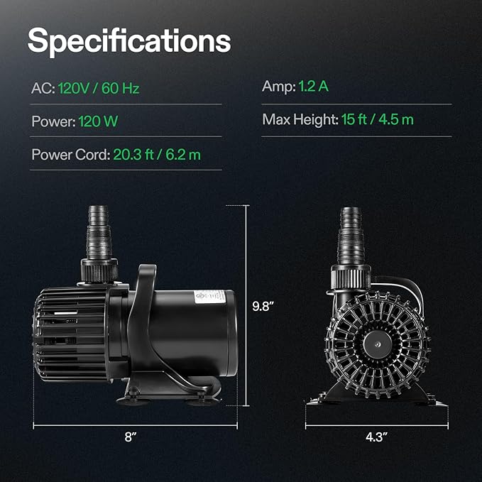 VIVOSUN 2700 GPH Submersible Water Pump, 120W Pond Pump, Ultra Quiet Aquarium Pump with 15FT. Lift Height for Pond Waterfall, Fish Tank, Statuary, or Hydroponics-VerdiqueGarden
