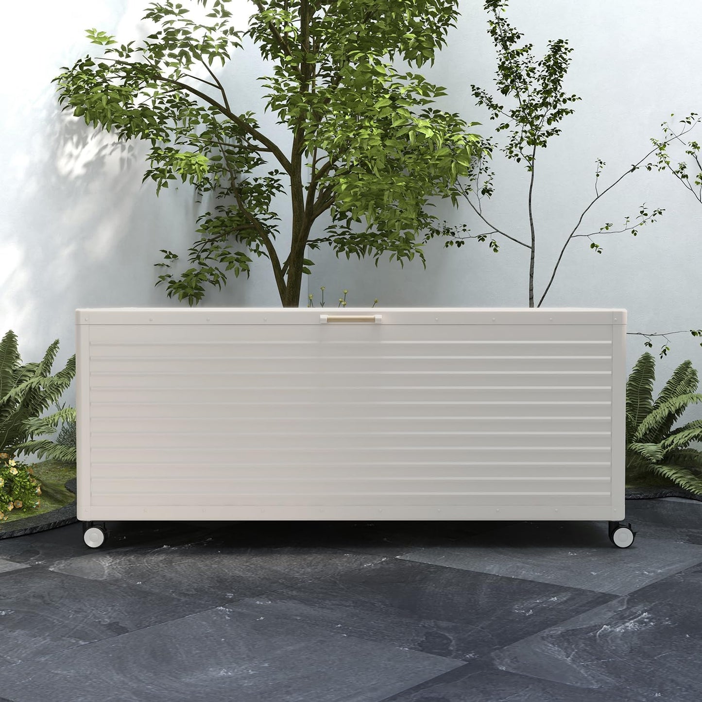 281 Gallon Large Outdoor Metal Deck Box with Wheels, Storage Box with Lid for Patio Furniture, Garden Tools, Outdoor Cushion, Latte-VerdiqueGarden