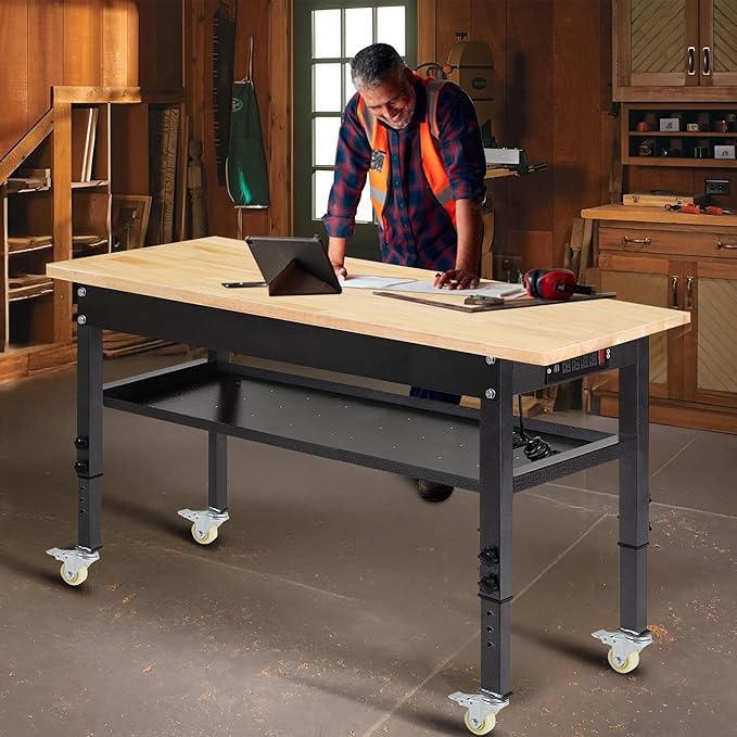48"/60'' Adjustable Workbench, Rubber Wood Top Work Bench Heavy-Duty Work Table with Power Outlet, Wheels, Partition 2000 LBS Load Capacity Hardwood Work Benches for Garage, Workshop, Home, Office-VerdiqueGarden