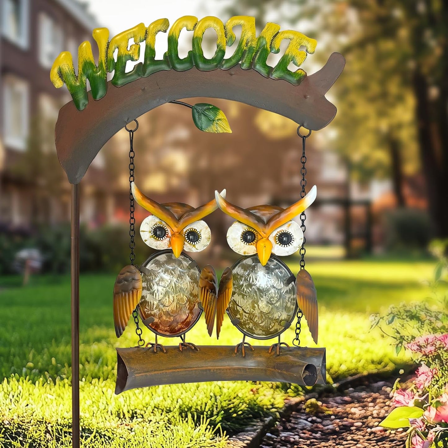 HONGLAND Solar Lights Outdoor Decor, Owl Swing Garden Decor, Owl Gifts for Women Mom, Whimsical Garden Lights Outdoor Decorations with Welcome Sign for Outside Patio Yard Lawn Decor-48inch-VerdiqueGarden