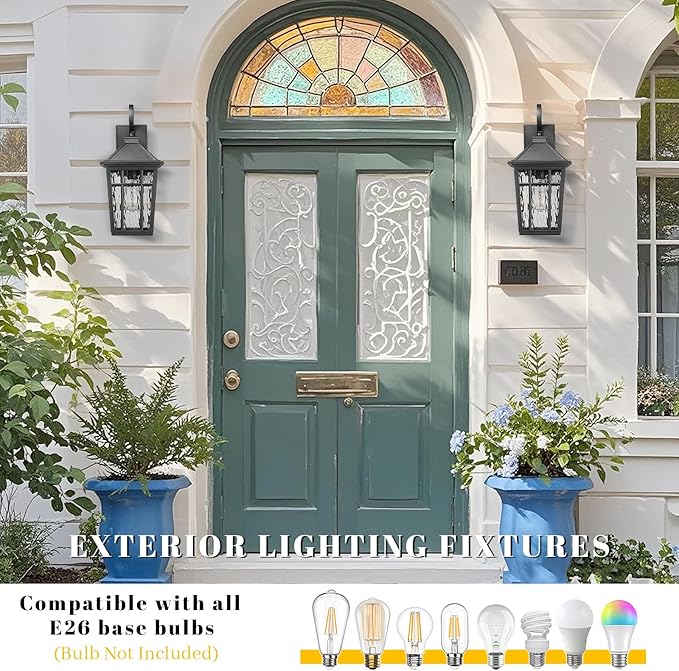 Outdoor Wall Lights 14 Inch Exterior Waterproof Lighting Fixtures Aluminum Material and Water Ripple Glass E26 Socket Black Outdoor Lights for House Garages-VerdiqueGarden