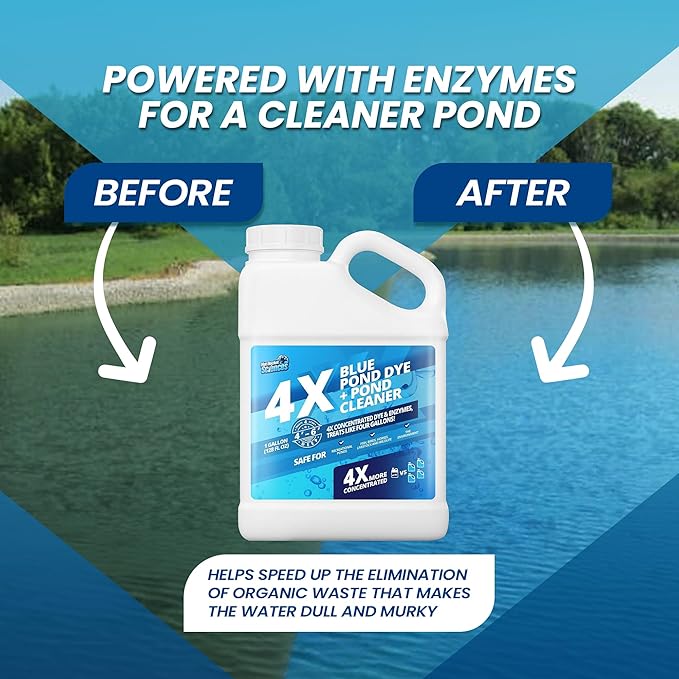 1 Gallon 4X Blue Pond Dye + Pond Cleaner, Blue Dye for Ponds and Lakes, 2-in-1 Lake Colorant + Enzymes, Makes Murky Water Clean & Beautiful, Keeps The Water Cool, Clear, and Ideal for Fish & Wildlife-VerdiqueGarden