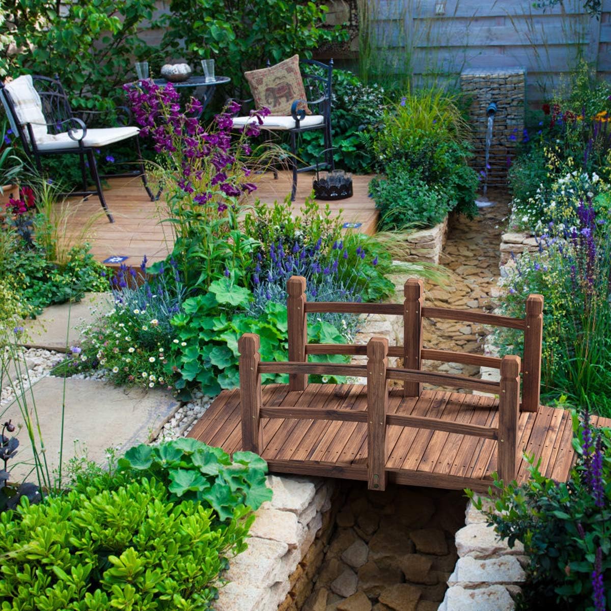 Giantex 5 FT Wooden Garden Bridge, Stained Wood Arc Footbridge with Railings, 400 lbs Capacity, Decorative Pond Bridge for Outdoor Garden Yard Backyard Creek Farm (Brown)-VerdiqueGarden