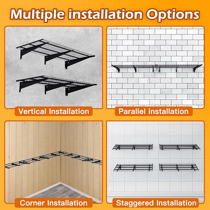 Garage Wall Shelving, 2-Pack 2 x 4ft Garage Storage Rack,Loads 700 lbs 24-inch-by-48-inch Heavy Duty Wall Shelves,24” x 48” Garage Wall Shelf,Black-VerdiqueGarden