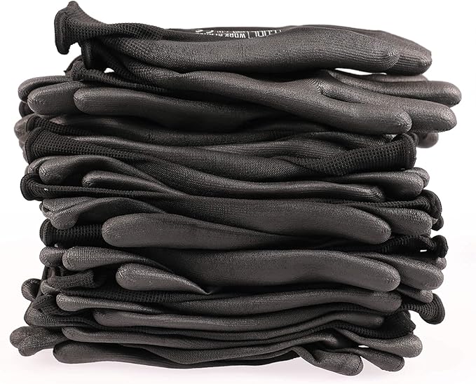 DULFINE Ultra-Thin PU Coated Work Gloves-12 Pairs,Excellent Grip,Nylon Shell Black Polyurethane Coated Safety Work Gloves, Knit Wrist Cuff,Ideal for Light Duty Work. (Medium)-VerdiqueGarden