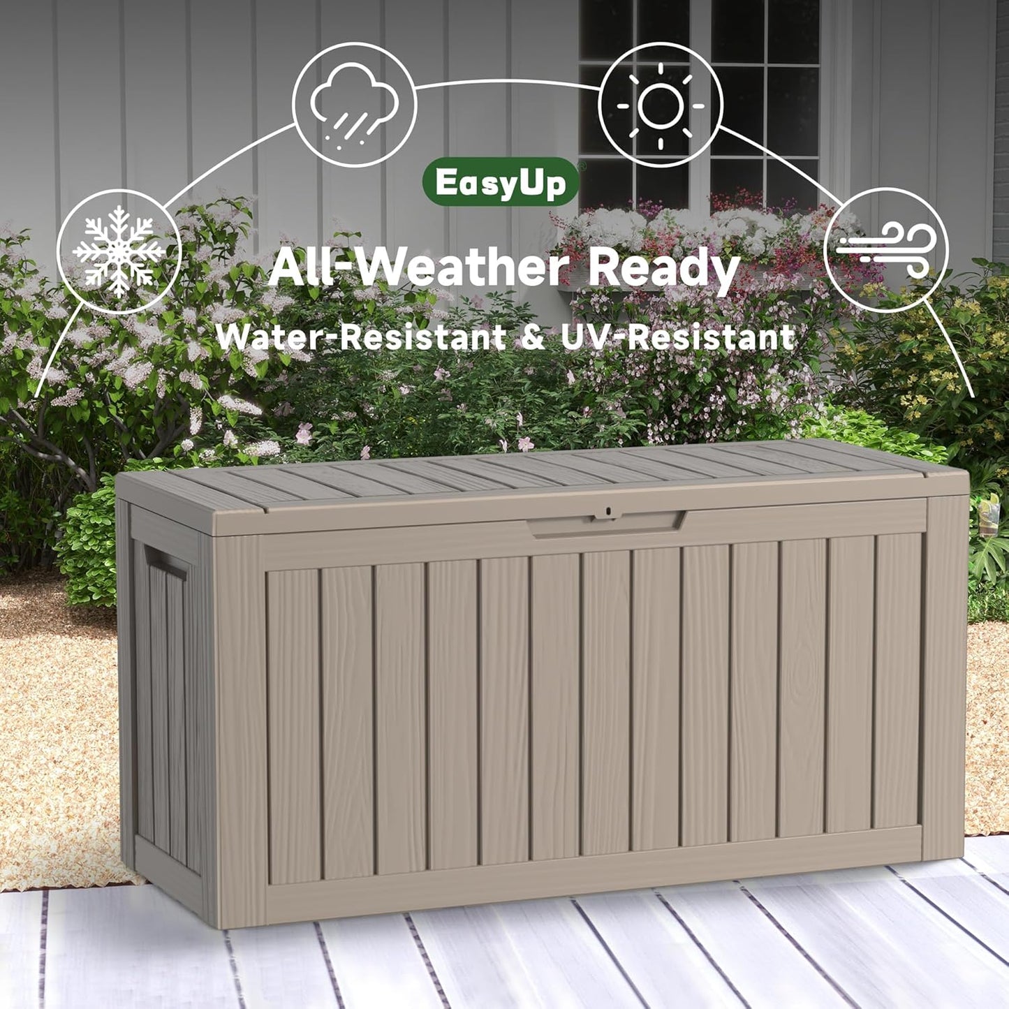 80 Gallon Outdoor Storage Box Waterproof, UV Resistant Resin Deck Box with Hydraulic Rod, Reinforced Stability for Patio, Garden, Striped Gray-VerdiqueGarden