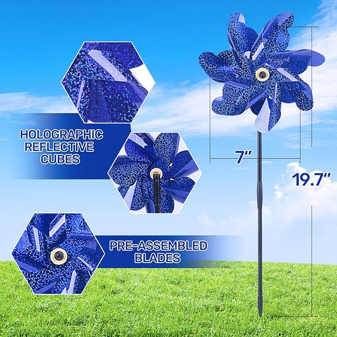 BATTIFE 10 Packs Blue Pinwheels for Yard and Garden, Sparkly Reflective Pinwheel for Scare Birds Away, Wind Spinner Deterrent Outdoor-VerdiqueGarden