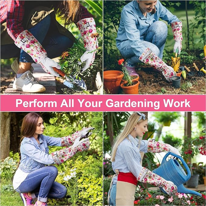 DLY Gardening Gloves for Women, Rose Gloves Gardening Thorn Proof, Long Garden Gloves for Women, Breathable Cowhide Leather Gauntlet(Medium,White)-VerdiqueGarden