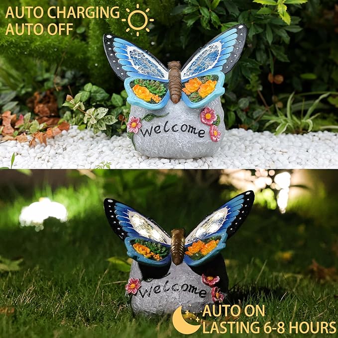 Yiosax-Garden Statue Butterfly Decor-Solar Outdoor Butterfly Light-Butterfly Figurine Decoration for Patio,Balcony,Yard,Lawn Ornament Garden Gift Women Mom-VerdiqueGarden