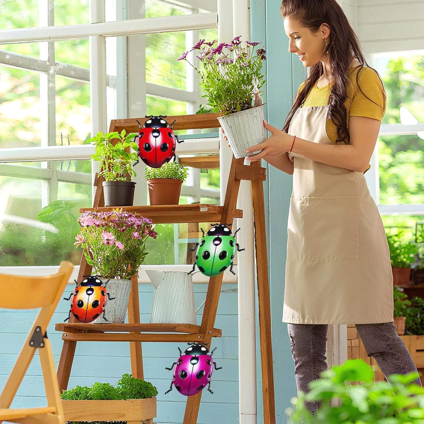 ULENDIS 4 PCS Cute Metal Ladybugs Wall Art Decor, 6.3 Inch Large Outdoor Wall Art Patio Fence Decorations, Colorful Yard Art Lawn Ornaments for Backyard Balcony-VerdiqueGarden