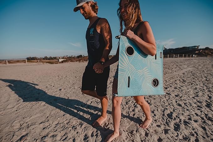 Neso Portable Beach Table with Cup Holders, Cell Phone Pockets, Lightweight for Picnics and Parks (Aqua Fronds)-VerdiqueGarden