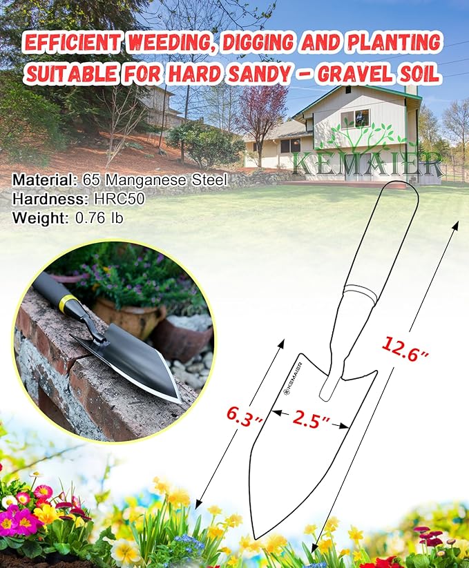 Garden Shovel - Heavy Duty Gardening Hand Trowel, Carbon Steel Garden Trowel with Rubberized Handle, Trowel Garden Tool for Diligent Farmer Soil Planting Digging Transplanting-VerdiqueGarden