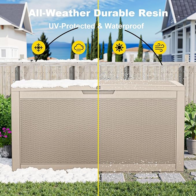 100 Gallon Waterproof Outdoor Storage Box,Resin Deck Box,Lockable Outside Storage Box Container for Patio Furniure,Garden,Pool Tools (100 Gallon,Grey pattern)-VerdiqueGarden
