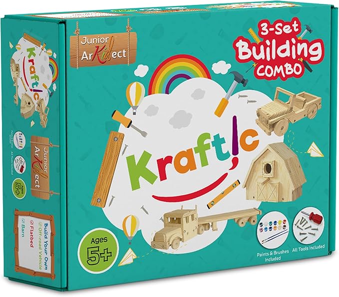 Kraftic Woodworking Building Kit for Kids and Adults, Set of 3 Educational DIY Carpentry Construction Wood Model Kit Toy Projects for Boys and Girls - Off-Road Vehicle, Flatbed Truck, Barn Birdhouse-VerdiqueGarden