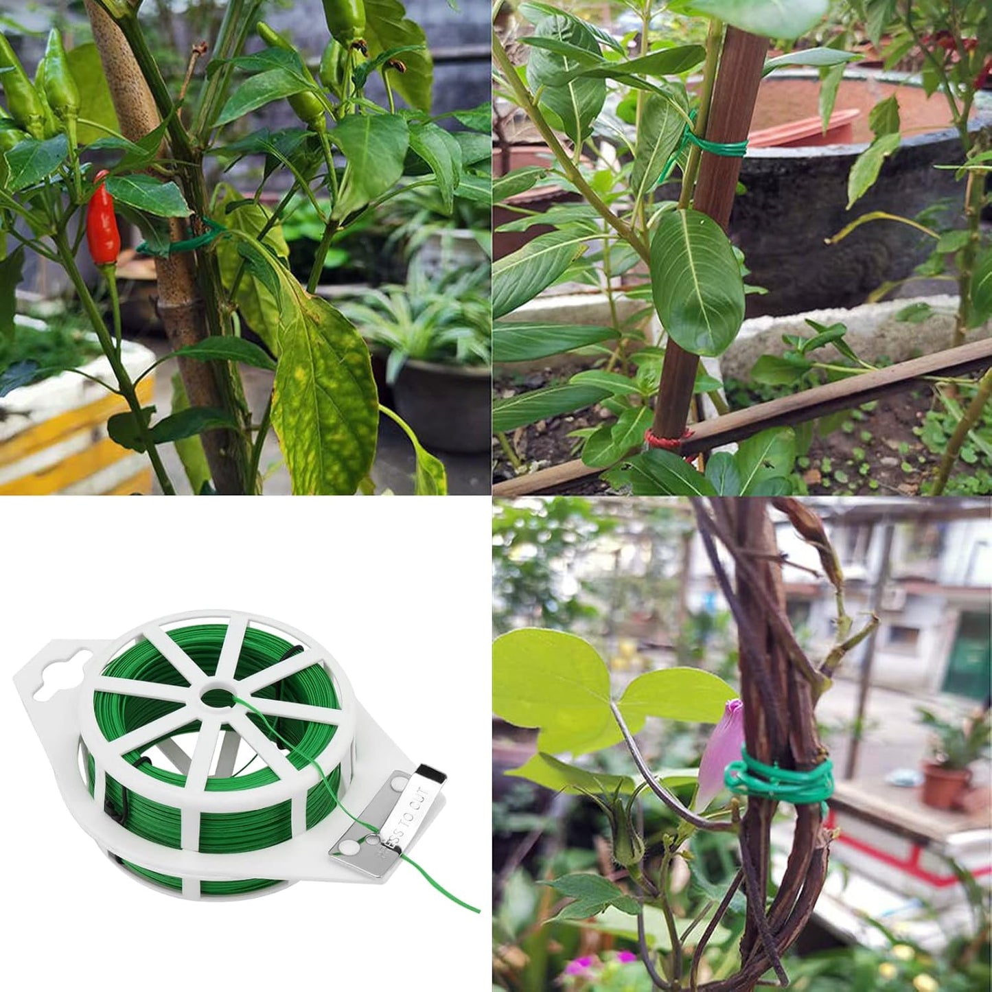 JEUIHAU 6 Reels 328 Ft Green Plant Twist Ties, Green Floral Wire,Plastic Coated Metal Wire Twist Ties with Cutter, Flexible Gardening Wires for Flowers, Vines, and Climbing Plants Suppor-VerdiqueGarden