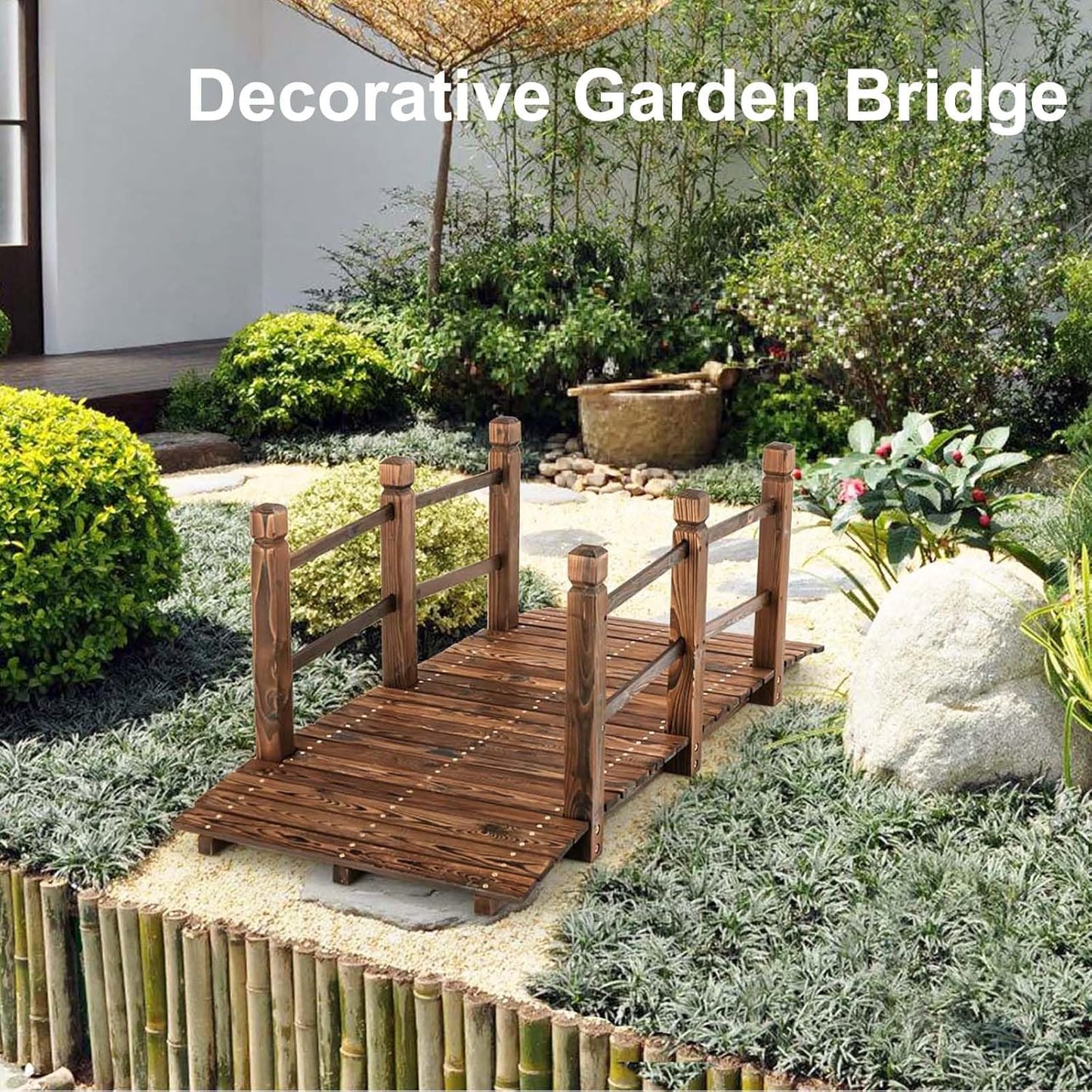 Giantex 5 ft Garden Bridge - Stained Wood Arc Footbridge Walkway with Side Railings, Decorative Wooden Bridge Landscaping for Backyard Farm Garden Creek Pond Decor, Easy to Assemble (Stained Brown)-VerdiqueGarden