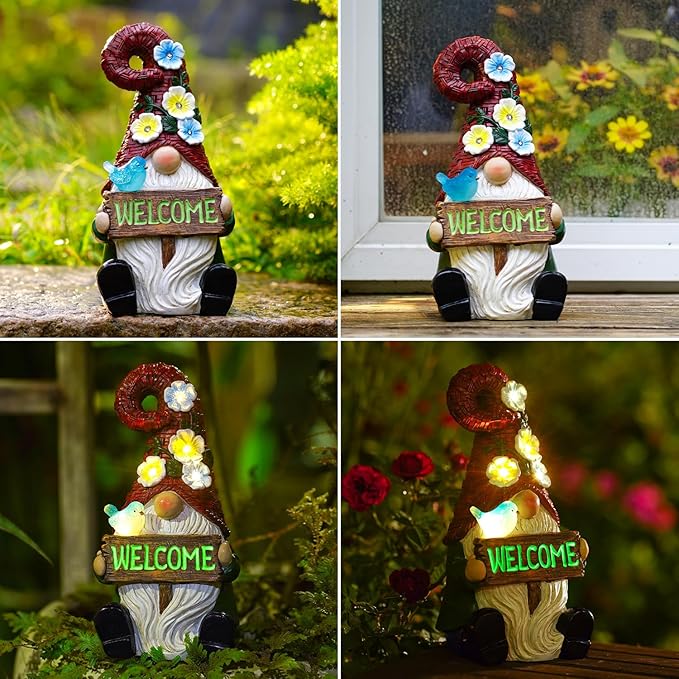 Goodeco Sitting Gnome with Welcome Sign - Garden Gnomes Outdoor with Solar Bird & LED Lights, Ideal Gifts for Mom or Women, Housewarming Gnome Decorations-VerdiqueGarden