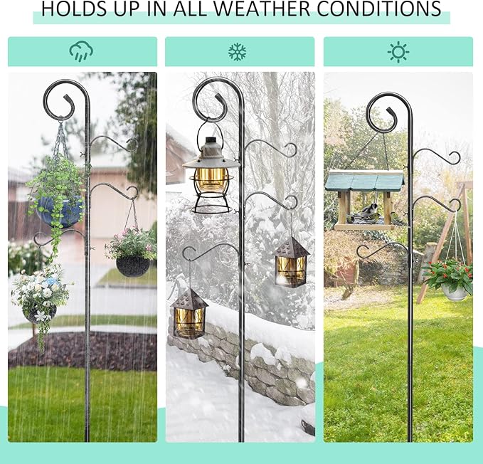 108 Inch Shepherds Hooks for Outdoor 2 Pack, Bird Feeder Poles with 4 Hooks, Shepherds Hook for Bird Feeders Outside with Base, Garden Pole for Hanging Plant Baskets, Weddings Decor (108 Inch)-VerdiqueGarden