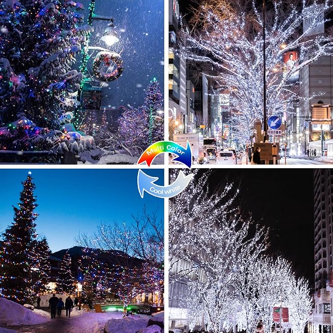 (Cool White ⇋ Multicolor) Solar Christmas String Lights Outdoor, 2-Pack 80FT 200 LED Waterproof Silver Wire, Solar Twinkle Lights with 8 Modes Solar Fairy Light for Tree Garden Wedding Christmas Decor-VerdiqueGarden