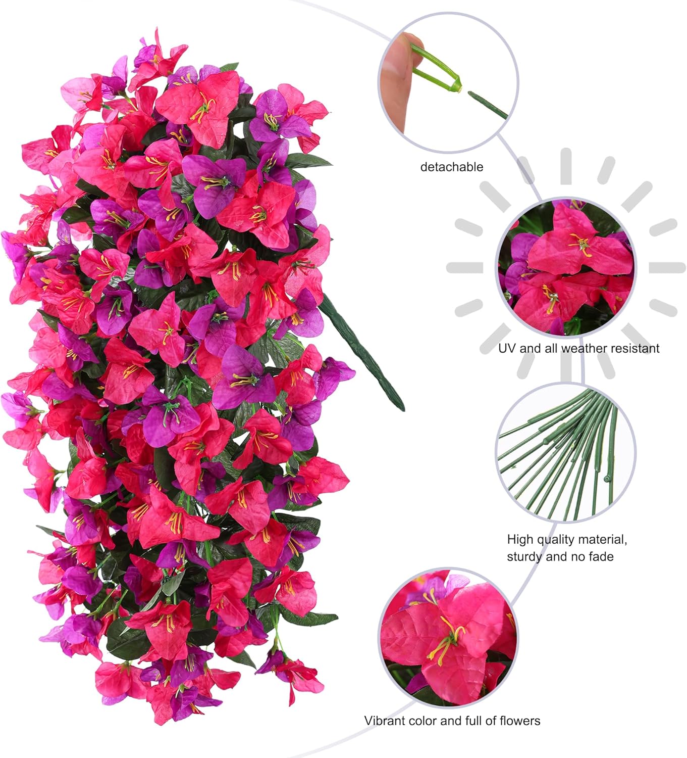 Bougainvillea Artificial Hanging Flowers Plants for Outdoors Decoration, 2pcs Fake Flowers Silk Bougainvillea Vines Realistic UV Resistant Faux Flowers for Outdoor Planters Porch Patio, Mix-VerdiqueGarden