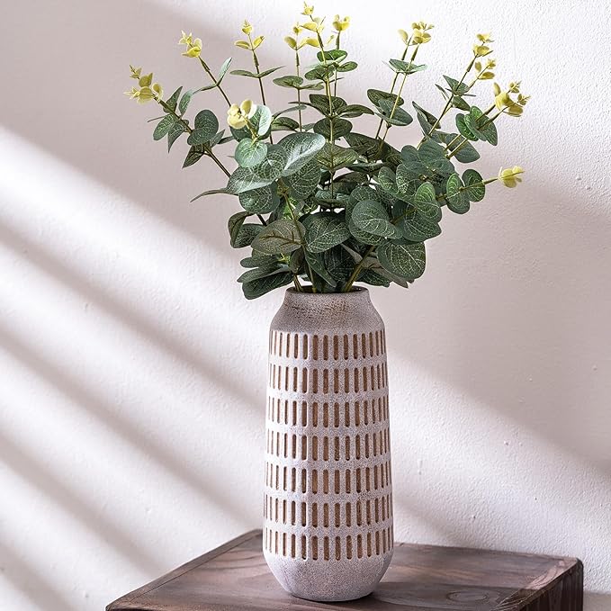 Rustic Ceramic Flower Vase, Terracotta Farmhouse Decorative Vintage Vases, Stone Clay Floral Vase, Concrete Grey Home Decor Vases for Living Room, Entryway, Kitchen, Bedroom, Bathroom Shelf 9.6 Inch-VerdiqueGarden