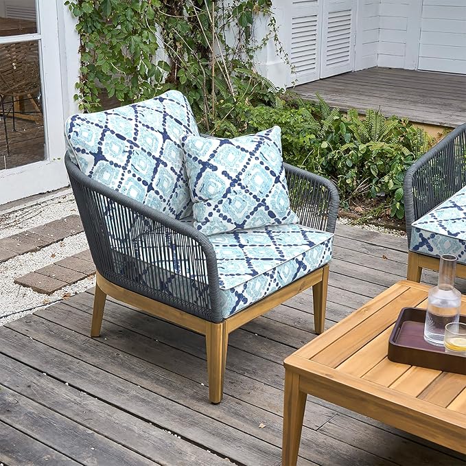 LVTXIII Outdoor Deep Seat Cushion Patio Seat and Back Cushion Set Seasonal Chair Cushion with Removable Cover and Adjustable Buckle for Home and Garden, 24"x24"x4", Boho Geometry Blue-VerdiqueGarden