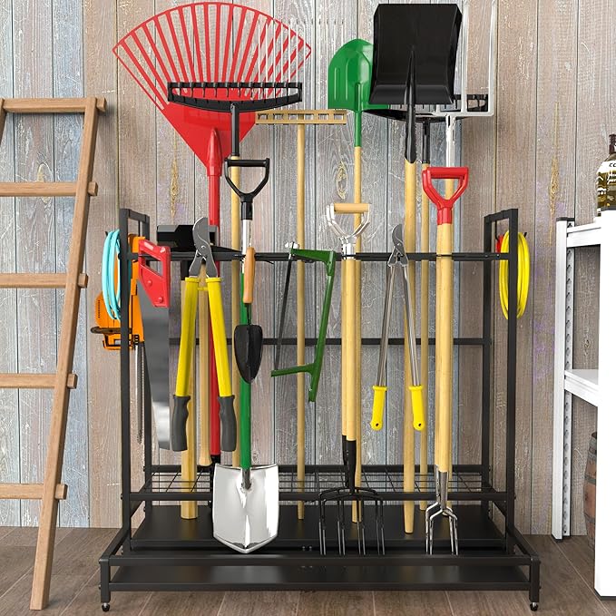 Garden Tool Rack Organizer for Garage Yard Tool Storage, Garden Tools Storage for Organization Black Metal Gardens Tools Holder for Yard Shed Garage-VerdiqueGarden