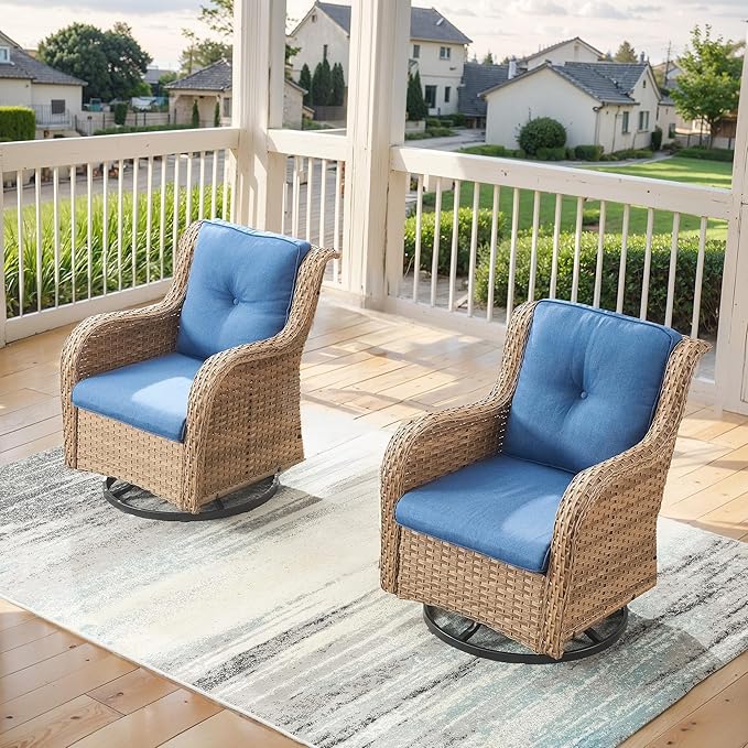 Outdoor Swivel Rocker Patio Chairs - 360 Degree Swivel Glider Seating 350LBS Weight Capacity Wicker Rocking Chairs Set of 2 with Removable Cushion for Porch Balcony Deck, Yellow/Blue-VerdiqueGarden