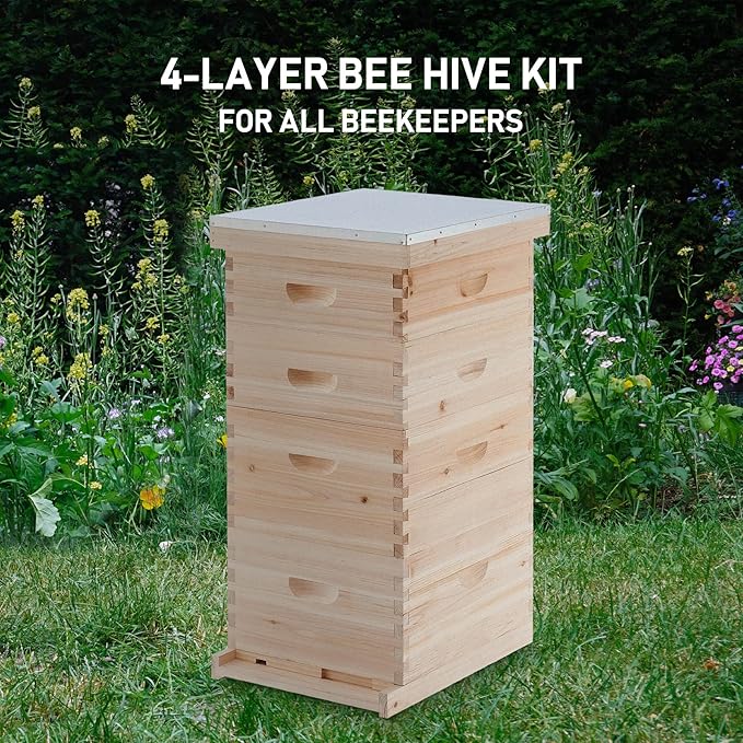 CREWORKS Bee Hive Boxes Starter Kit, Langstroth Beehive for Bee Keeping, 4 Layer Bee House with 20 Medium and 20 Deep Frames & Foundations, Beekeeping Supplies with Plastic Queen Excluder and Nails-VerdiqueGarden