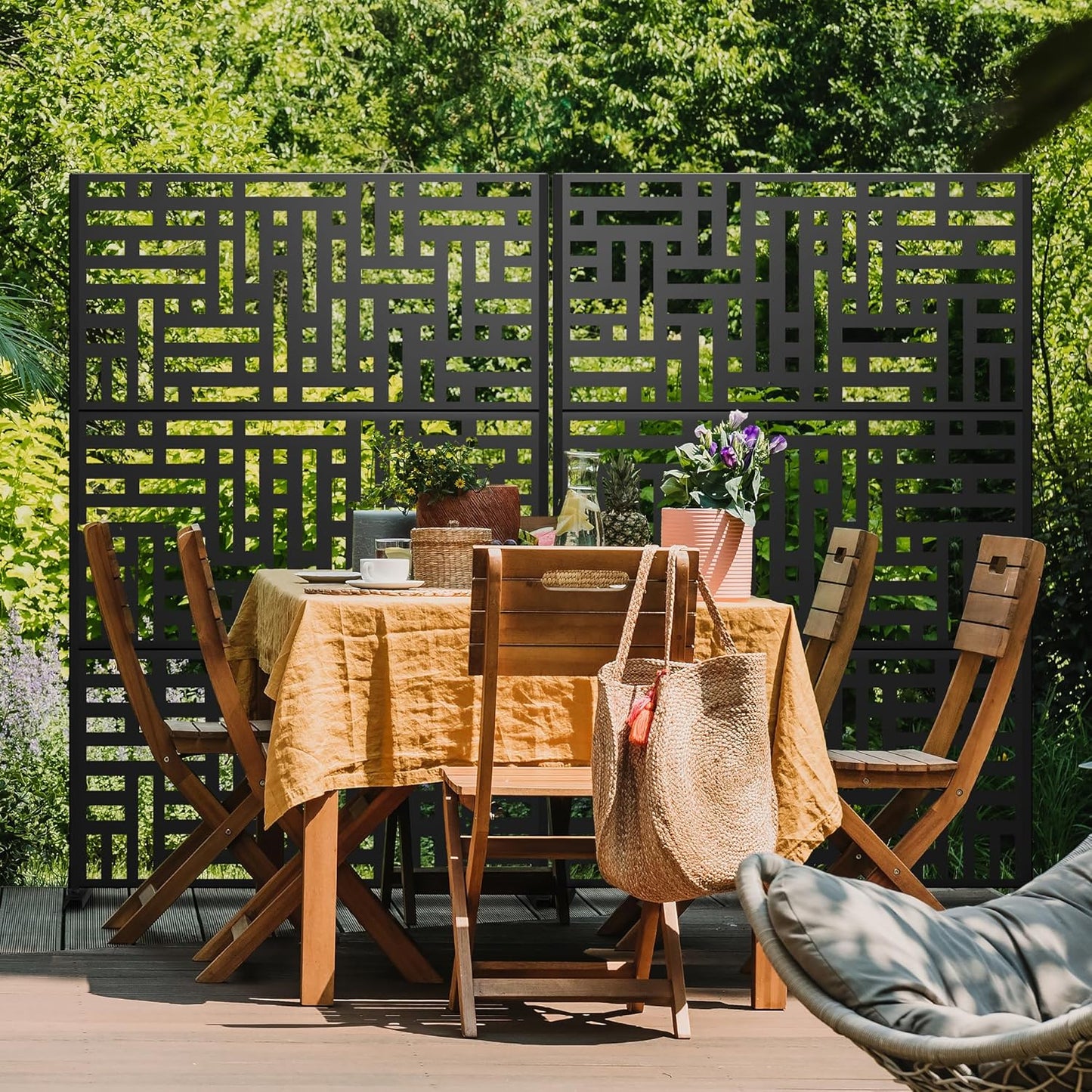 Metal Privacy Screen 72" H47 W,Freestanding Decorative Outdoor Panel for Balcony Patio Lawn Garden,Fence-Black & Street-VerdiqueGarden