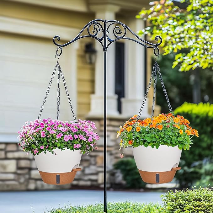 10 Inch Hanging Planters for Indoor Plants, 2 Pack Self Watering Hanging Baskets Flower Pots with Drainage Hole, Visual Reservoir & 2 Kinds of Plant Hanger for Outdoor Garden Home Decor-VerdiqueGarden