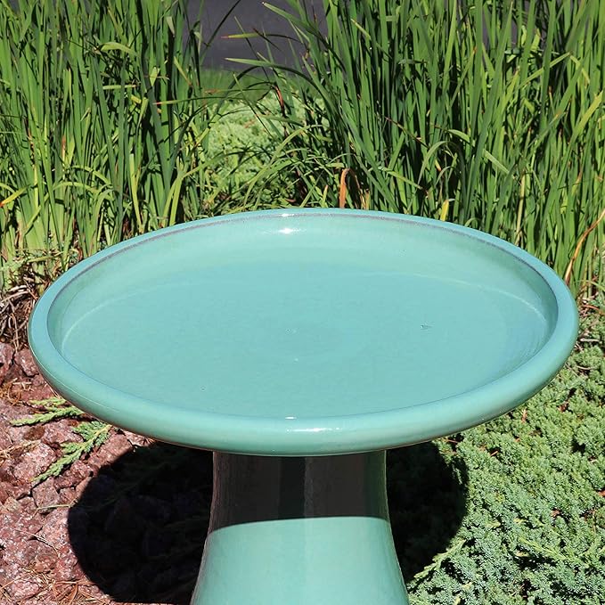 Sunnydaze 21" H Ceramic Bird Bath for Outside - Hand-Painted Outdoor Bird Bath Bowl, UV/Frost-Resistant Finish - Seafoam - Cut Out Pedestal-VerdiqueGarden