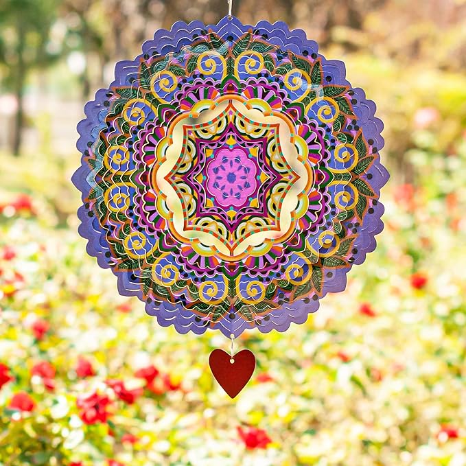 SteadyDoggie 12-Inch 3D Wind Spinners Outdoor - Mandala Purplerain Windmill Yard Decorations - Stainless Steel Laser Cut Ornament - Kinetic Garden Decor for Outside-VerdiqueGarden