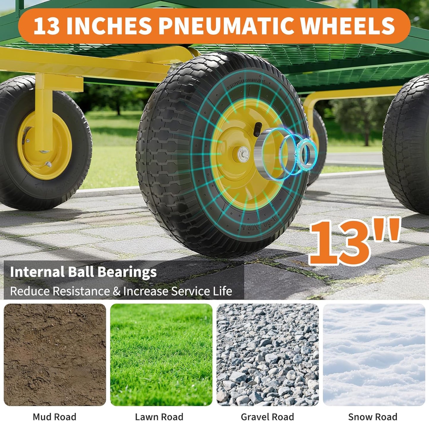 3-in-1 Heavy-Duty Steel Garden Cart, 1200 Lbs Garden Wagon, with 13 Inch All-Terrain Tires and Removable Mesh Side Panels, 180° Rotating Handle, Metal Multi-Function Carts, Outdoor Gardens Wagon Cart-VerdiqueGarden