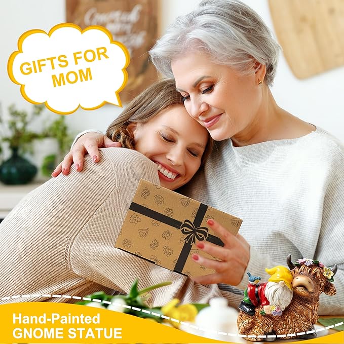 Garden Gnome Statue - Highland Cow with Solar Flower LED Lights and Bird - Funny Outdoor Decor for Table, Patio, Lawn - Unique Birthday Gifts for Mom, Women, and Christmas Decorations-VerdiqueGarden