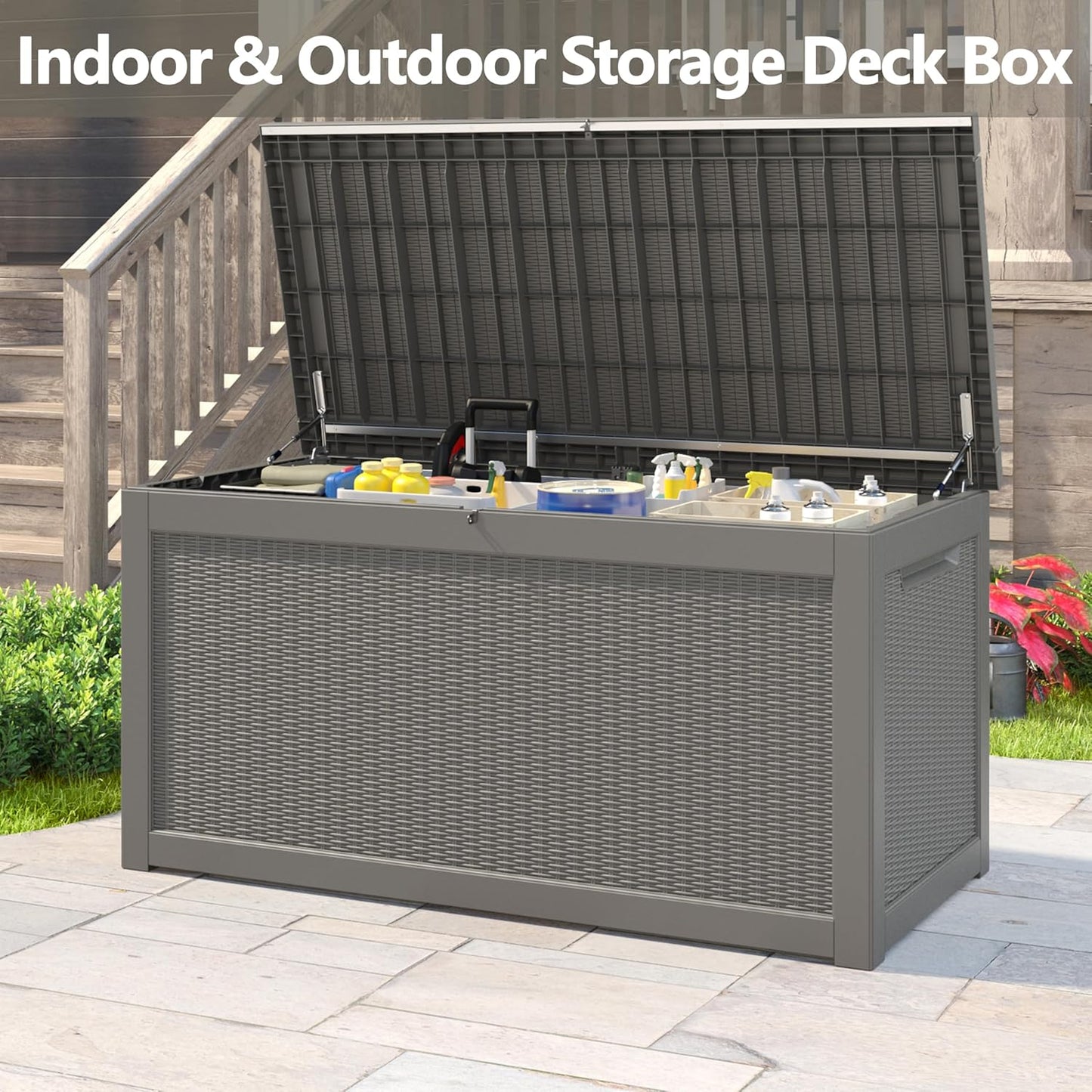 260 Gallon Resin Deck Box, Large Indoor and Outdoor Storage Box, Weatherproof and UV Resistant Outdoor Storage Box with Built-in Steel Beams for Patio Cushions, Pool Supplies-VerdiqueGarden